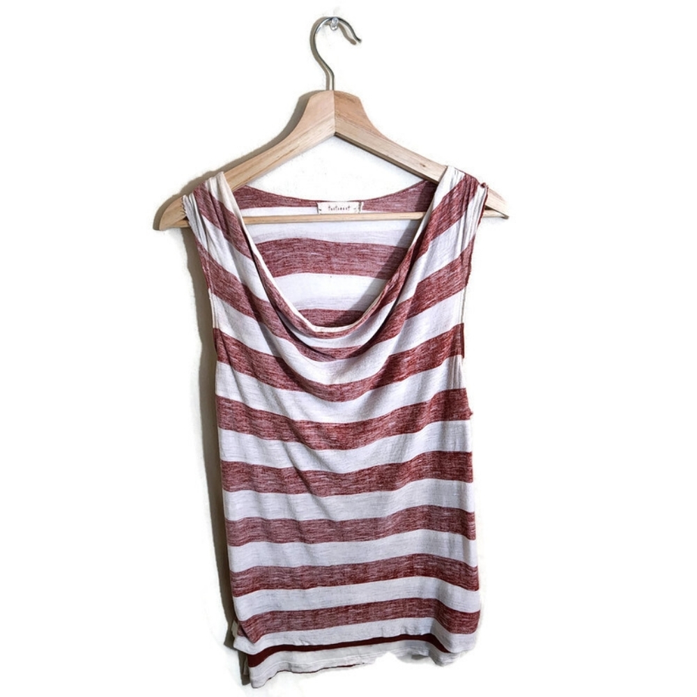 TESTAMENT Red & White Vertical Striped Layered Drape Neck Sleeveless Tank Top L